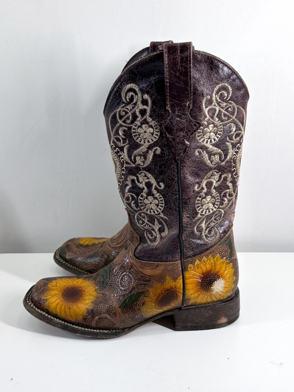 Vintage Old Corral Boho Sunflower Hand-Tooled Leather Western Cowboy Boots 6.5-7 - Picture 4 of 8